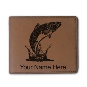 Cartera plegable de cuero sintético, pez trucha, grabado personalizado incluido