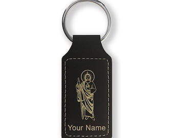Faux Leather Rectangle Keychain, Saint Jude, Personalized Engraving Included