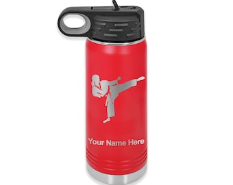 20oz Double Wall Flip Top Water Bottle with Straw, Karate Woman, Personalized Engraving Included