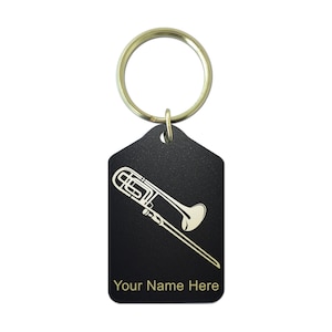 Black Metal Keychain, Trombone, Personalized Engraving Included