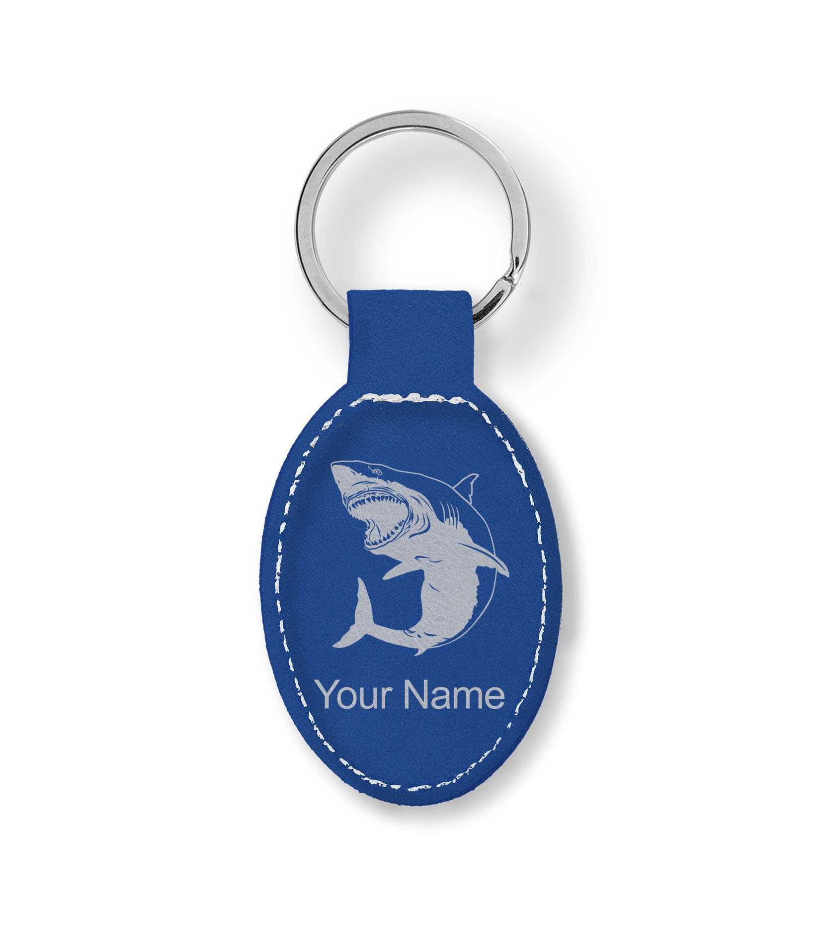 Faux Leather Oval Keychain, great White Shark, Personalized