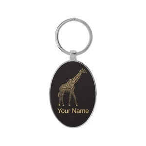 Oval Metal Frame Keychain, Giraffe, Personalized Engraving Included