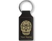 Faux Leather Rectangle Keychain, Day of the Dead, Personalized Engraving Included
