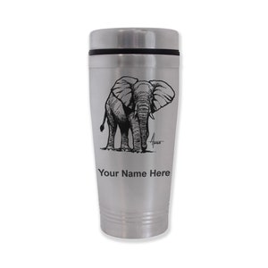 May include: Stainless steel travel mug with a black and white illustration of an elephant. The mug has a black lid and the text "Your Name Here" is printed on the bottom.