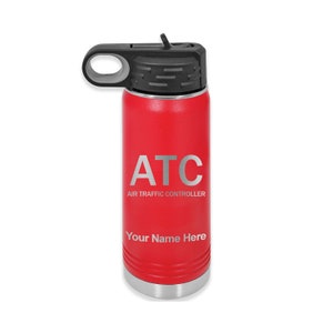 20oz Double Wall Flip Top Water Bottle with Straw, ATC Air Traffic Controller, Personalized Engraving Included