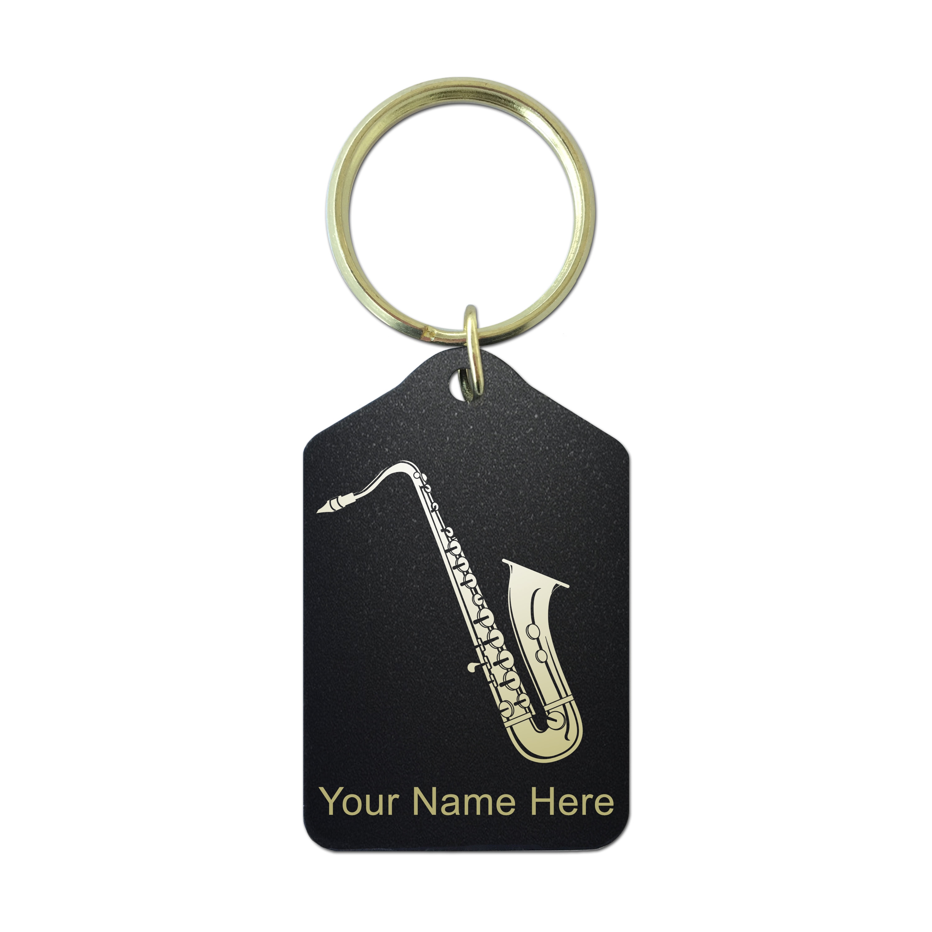 Black Metal Keychain, saxophone, Personalized Engraving Included