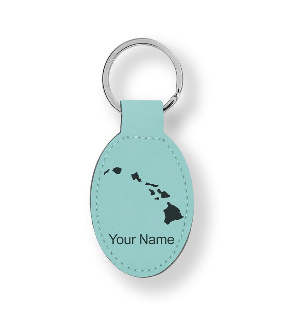 Faux Leather Oval Keychain, hawaiian Islands, Personalized