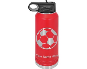 32oz Double Wall Flip Top Water Bottle with Straw, Soccer Ball, Personalized Engraving Included