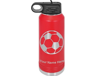 32oz Double Wall Flip Top Water Bottle with Straw, Soccer Ball, Personalized Engraving Included