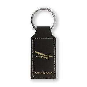 Faux Leather Rectangle Keychain, High Wing Airplane, Personalized Engraving Included