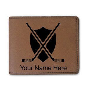 Cartera plegable de cuero sintético, palos de hockey, grabado personalizado incluido