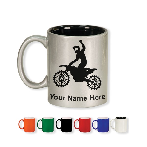 11oz Round Ceramic Coffee Mug, Motocross, Personalized Engraving Included