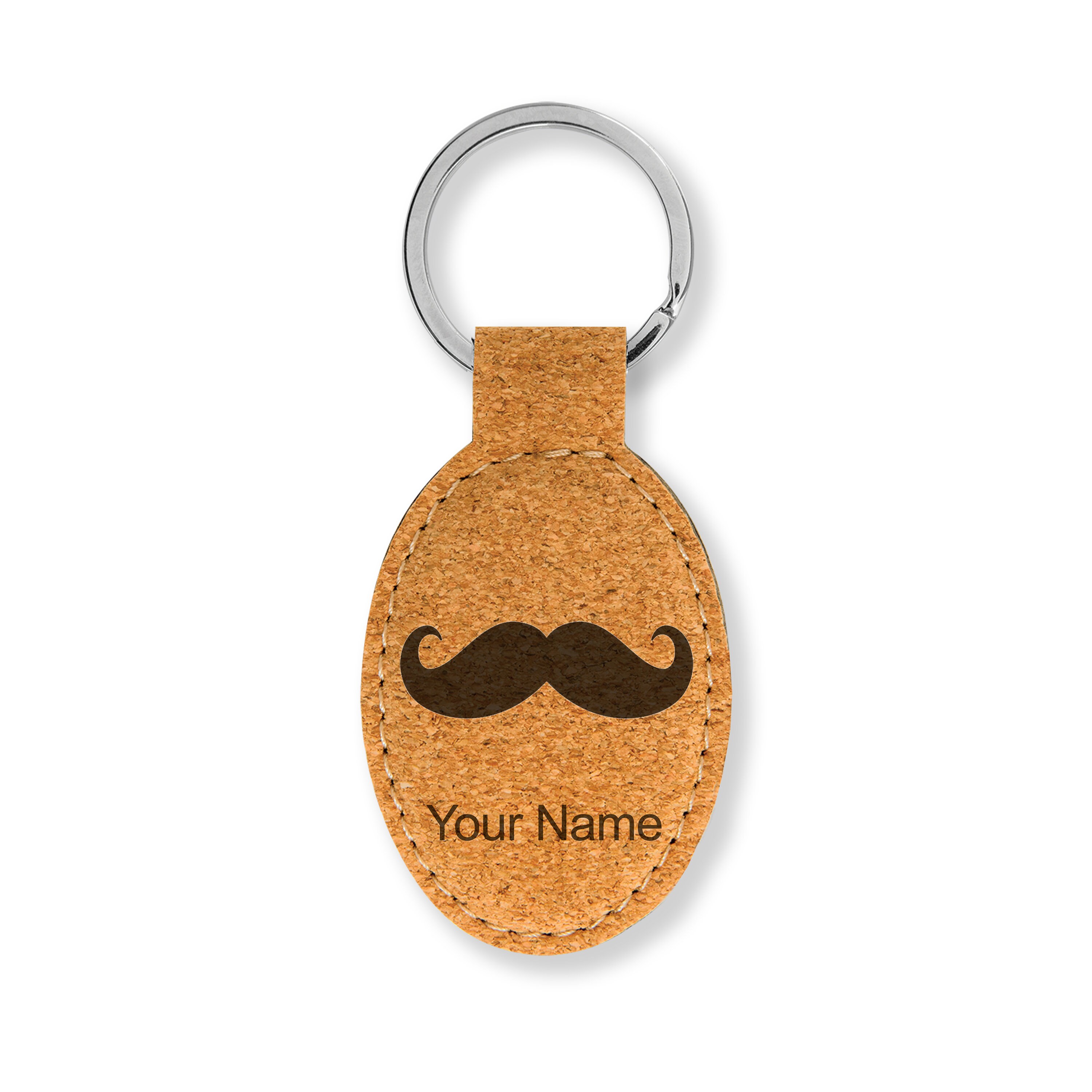 Faux Leather Oval Keychain, Mustache, Personalized Engraving