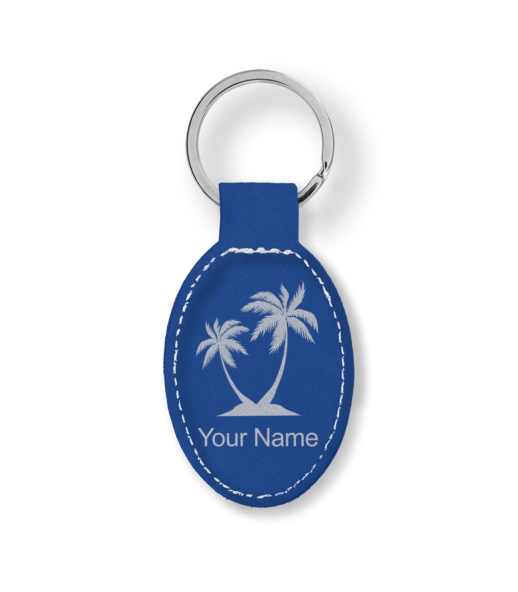 Faux Leather Oval Keychain, palm Trees, Personalized Engraving