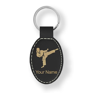 Faux Leather Oval Keychain, Karate Woman, Personalized Engraving Included
