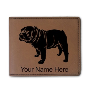 Cartera plegable de cuero sintético, Bulldog Dog, grabado personalizado incluido
