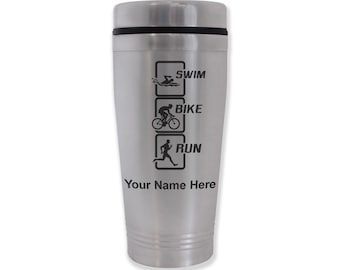 Commuter Travel Mug, Swim Bike Run Vertical, Personalized Engraving Included