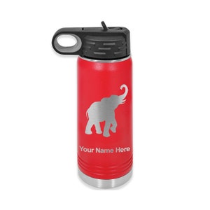 May include: Red stainless steel water bottle with a black lid and a carrying handle. The bottle has a silver elephant silhouette and the text "Your Name Here" engraved on the side.