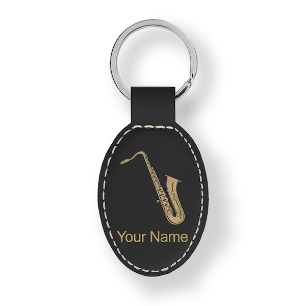 Faux Leather Oval Keychain, Saxophone, Personalized Engraving Included