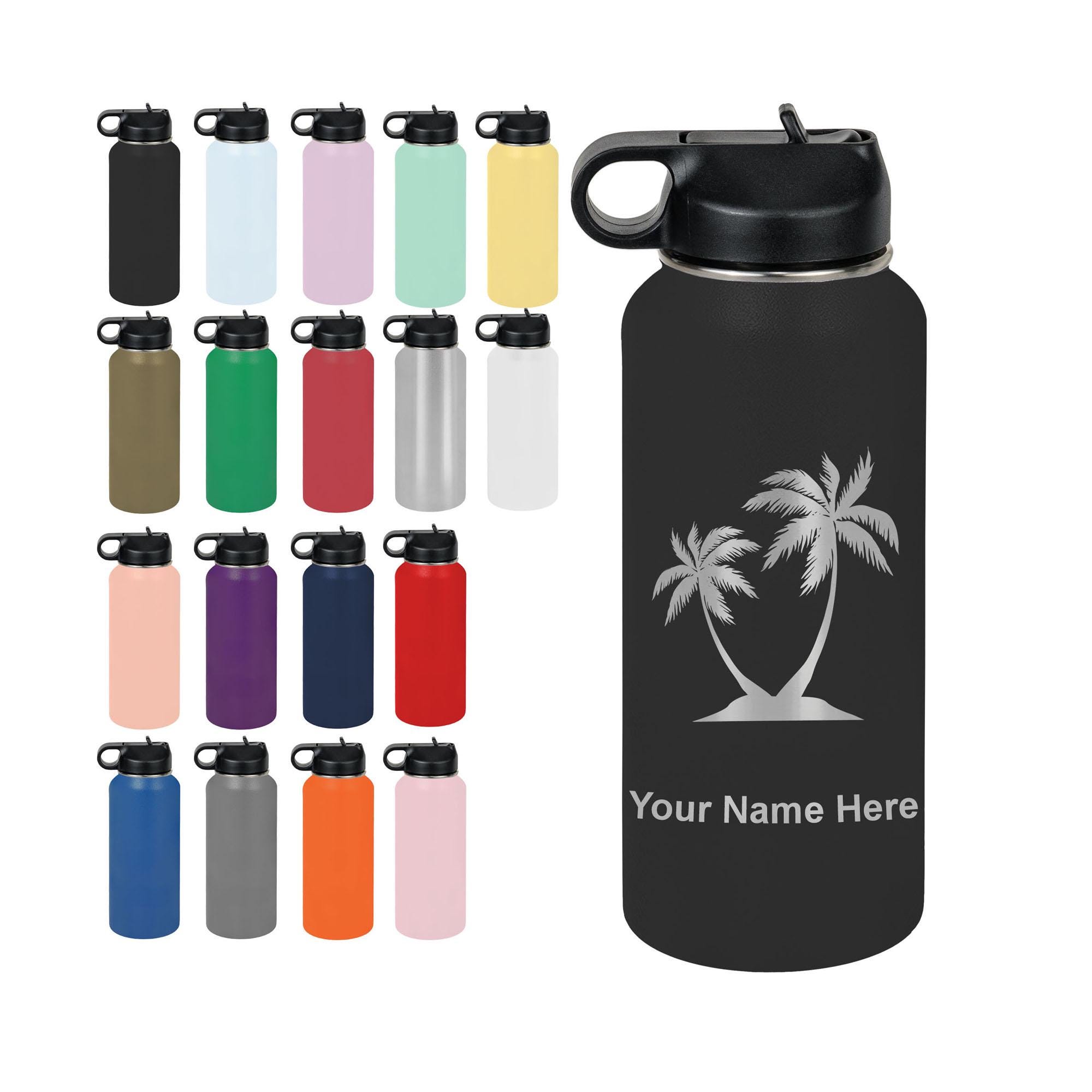 32oz Double Wall Flip Top Water Bottle With Straw, Palm Trees