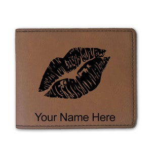 Cartera plegable de cuero sintético, beso de lápiz labial, grabado personalizado incluido