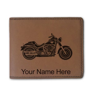 Cartera plegable de cuero sintético, motocicleta, grabado personalizado incluido