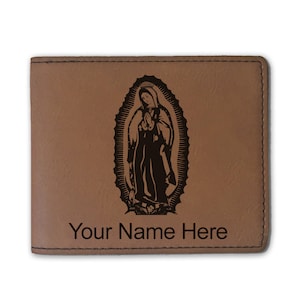 Cartera plegable de piel sintética, Virgen de Guadalupe, grabado personalizado incluido