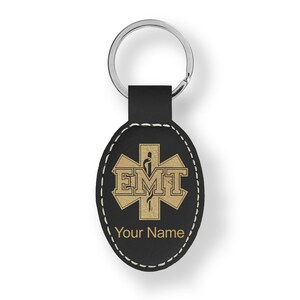 Faux Leather Oval Keychain, EMT Emergency Medical Technician, Personalized Engraving Included