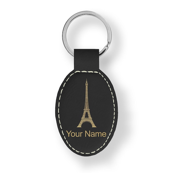 Faux Leather Oval Keychain, Eiffel Tower, Personalized Engraving Included