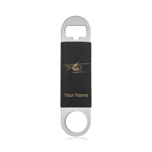 May include: A black leather bottle opener with a gold helicopter design and the text "Your Name".