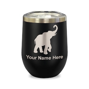 May include: Black stainless steel wine tumbler with a white elephant silhouette and the text "Your Name Here".