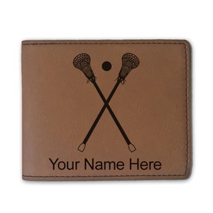 Cartera plegable de cuero sintético, palos de lacrosse, grabado personalizado incluido