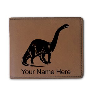 Cartera plegable de cuero sintético, dinosaurio brontosaurio, grabado personalizado incluido
