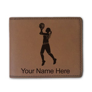 Cartera plegable de cuero sintético, mujer jugadora de baloncesto, grabado personalizado incluido