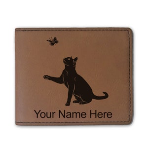 Cartera plegable de cuero sintético, gato con mariposa, grabado personalizado incluido