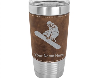 20oz Faux Leather Tumbler, Snowboarder Man, Personalized Engraving Included