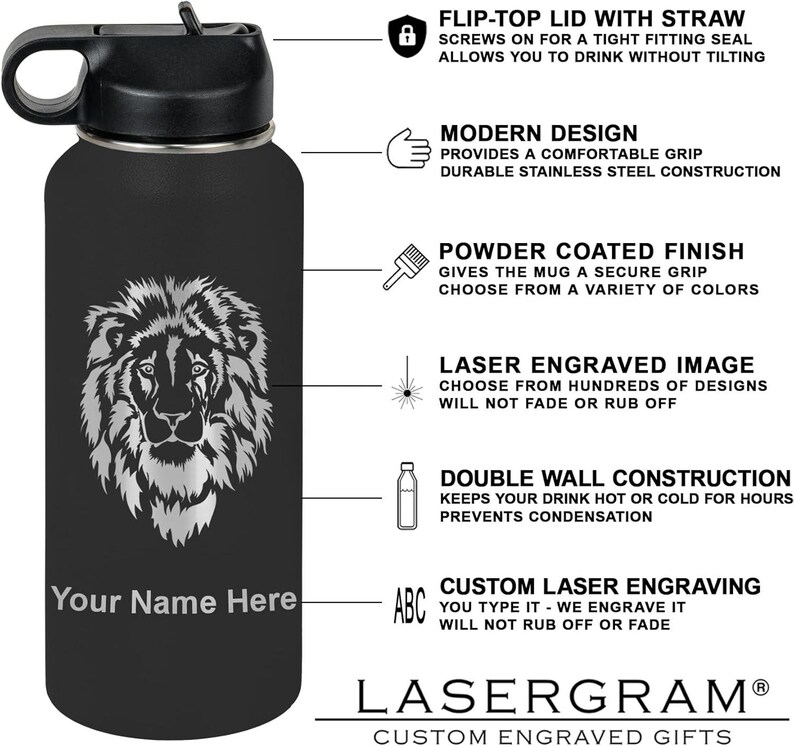 32oz Double Wall Flip Top Water Bottle With Straw, Tiger Head ...