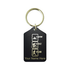 Black Metal Keychain, Swim Bike Run Vertical, Personalized Engraving Included