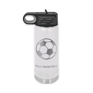 May include: White stainless steel water bottle with a black lid and handle. The bottle has a soccer ball design and the text "Your Name Here" on the side.