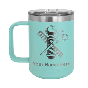 LaserGram 15oz Vacuum Insulated Coffee Mug, Barber Shop Pole, Personalized Engraving Included