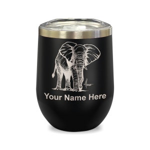 May include: Black stainless steel wine tumbler with a white outline of an elephant and the text "Your Name Here".