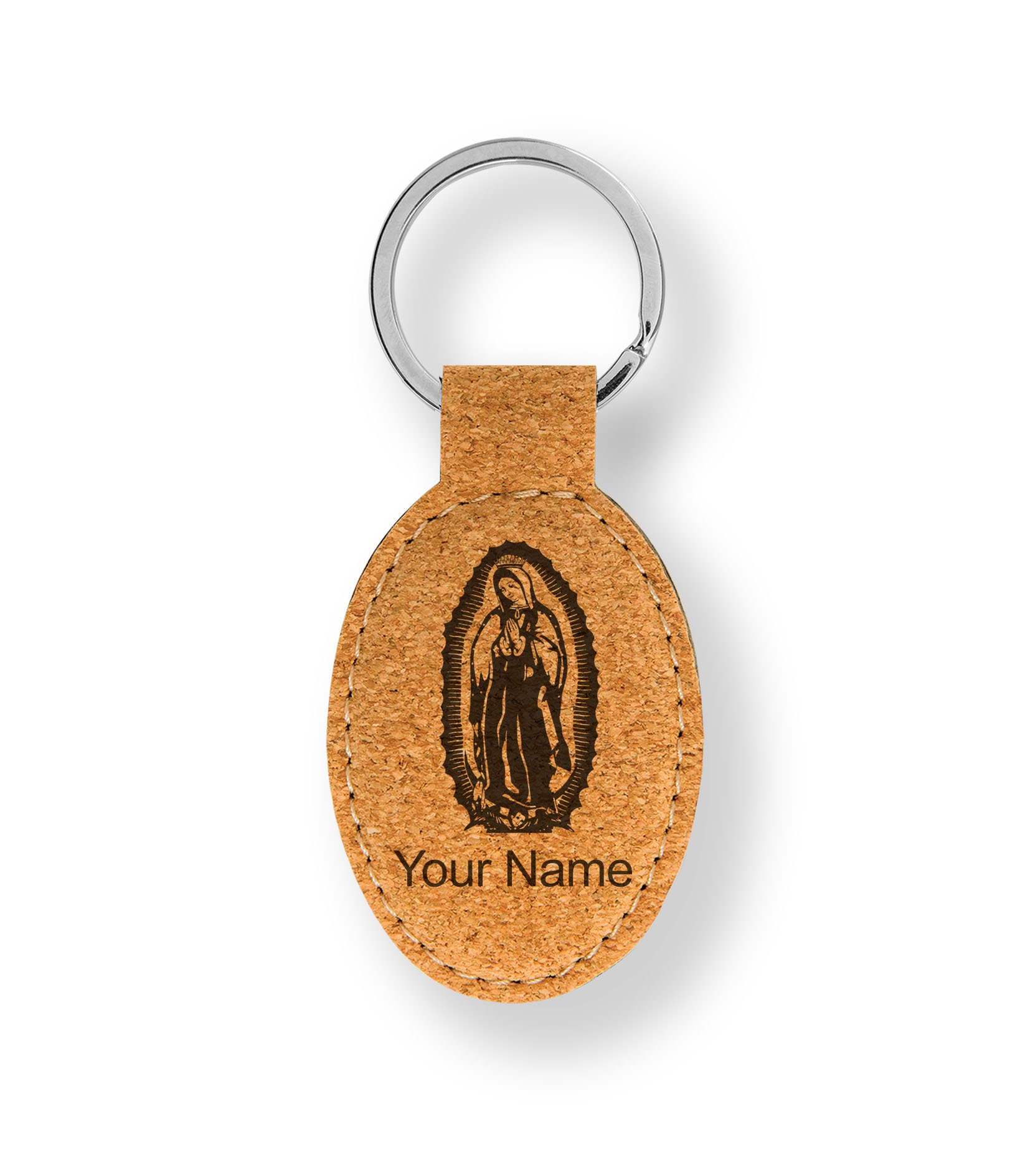 Faux Leather Oval Keychain, virgen De Guadalupe