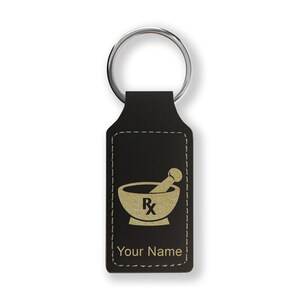 Faux Leather Rectangle Keychain, Rx Pharmacy Symbol, Personalized Engraving Included