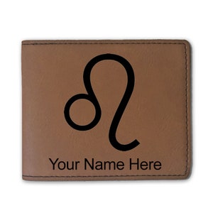 Cartera plegable de cuero sintético, signo zodiacal Leo, grabado personalizado incluido