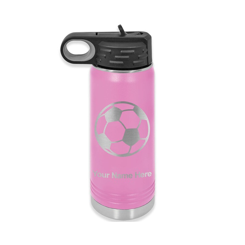 May include: Pink stainless steel water bottle with a silver soccer ball design and the text "Your Name Here".