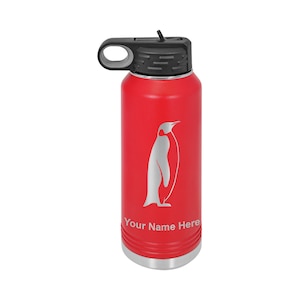 32oz Double Wall Flip Top Water Bottle with Straw, Penguin, Personalized Engraving Included