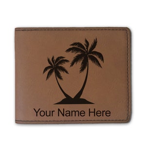Cartera plegable de cuero sintético, palmeras, grabado personalizado incluido