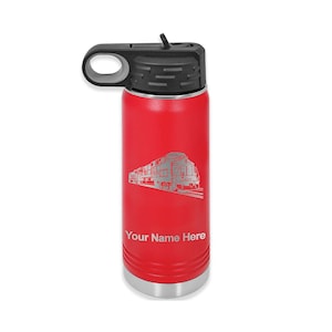 May include: Red stainless steel water bottle with a black lid and a carrying handle. The bottle has a laser engraved design of a train and the text "Your Name Here".
