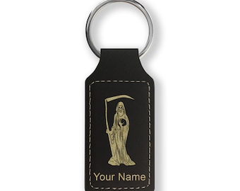 Faux Leather Rectangle Keychain, Santa Muerte, Personalized Engraving Included
