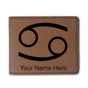 Cartera plegable de cuero sintético, signo zodiacal cáncer, grabado personalizado incluido